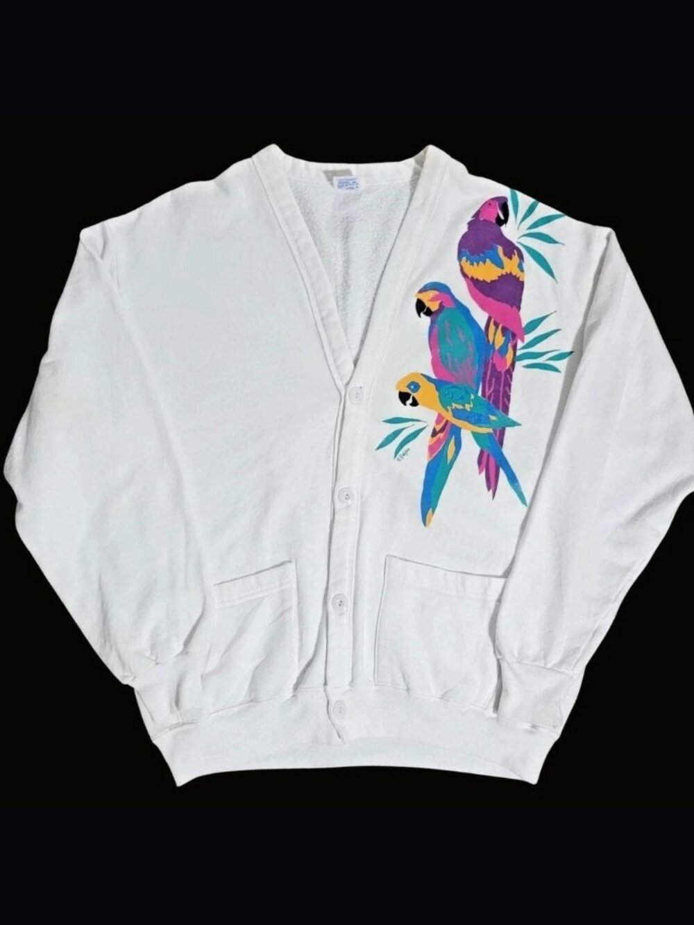 Vintage 80s Novelty Cardigan Parrot Macaw Sweater White Size L Tropical